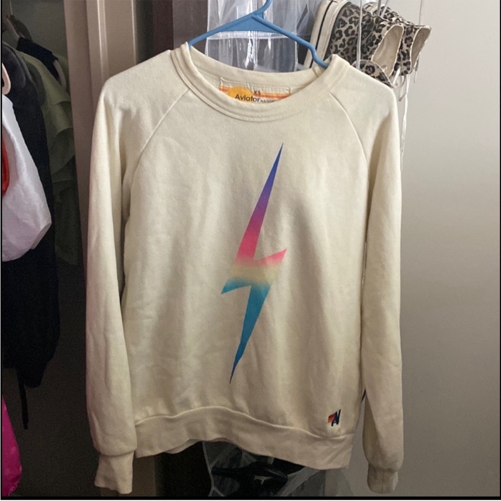 Aviator Nation Cream Sweatshirt with Rainbow Lightning Bolt